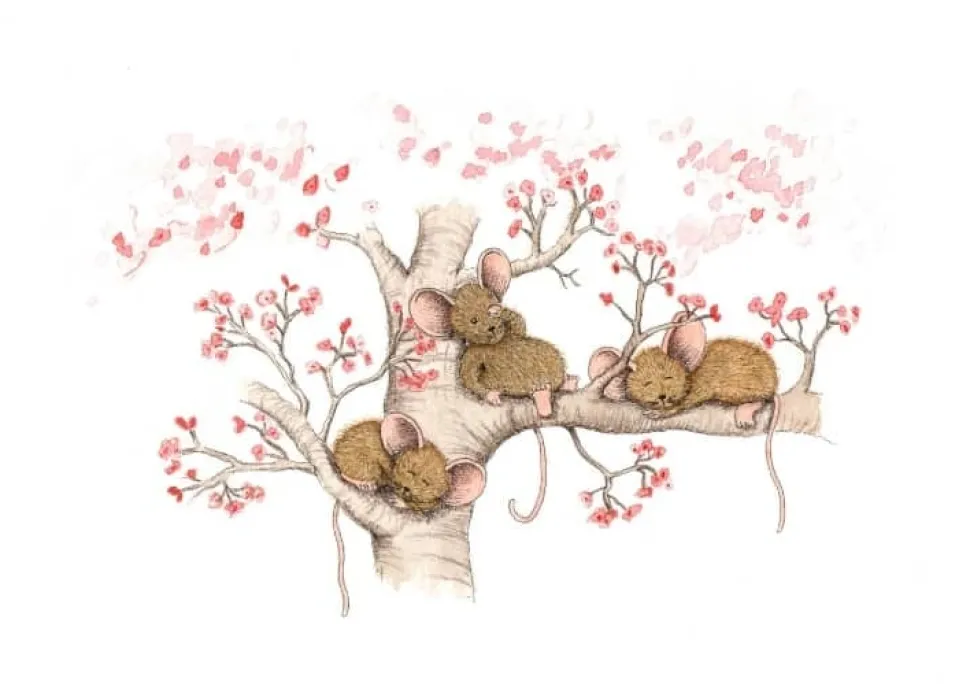 Anillustration Ansichtkaart Slapende muisjes bloesemboom