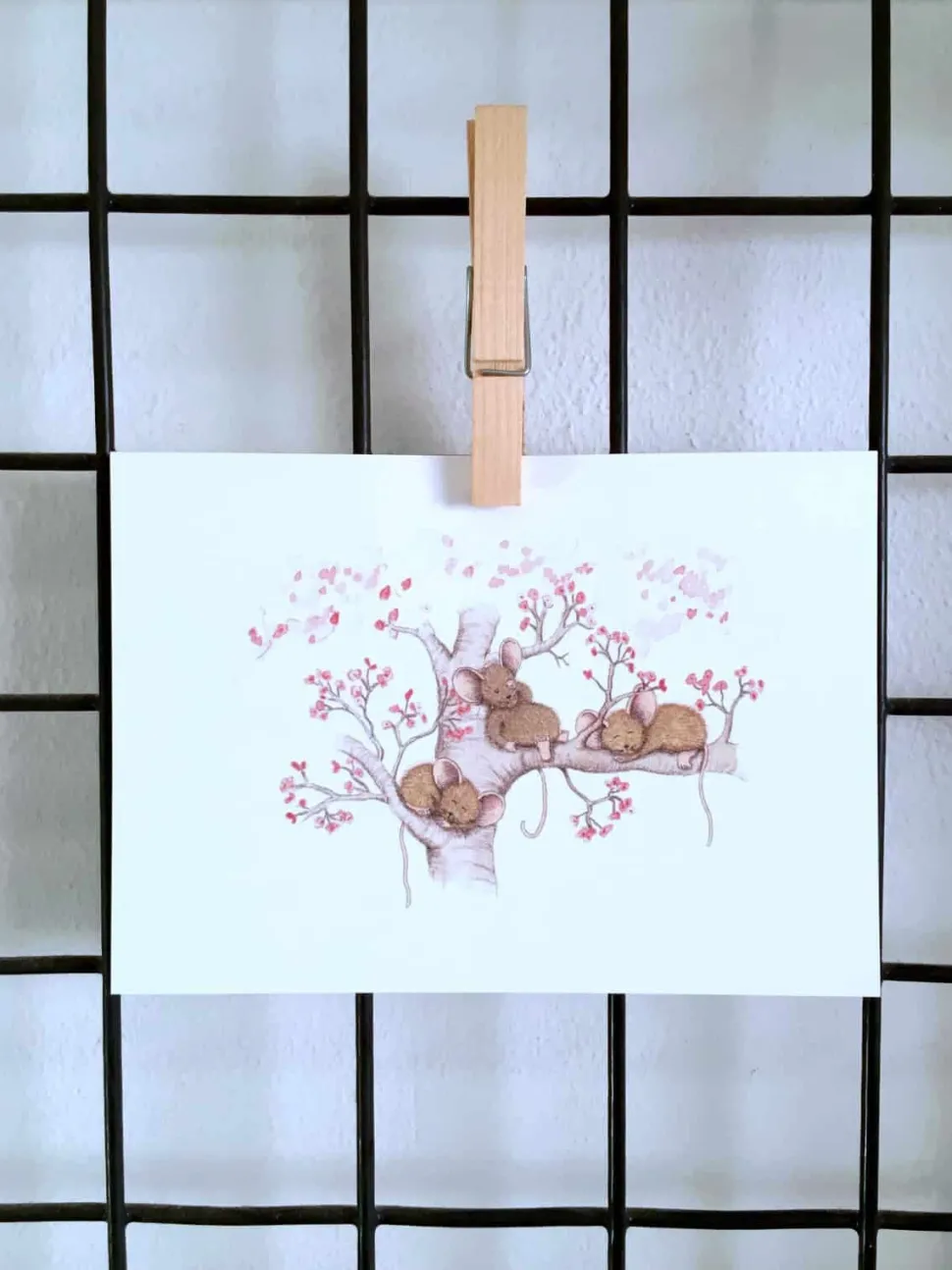 Anillustration Ansichtkaart Slapende muisjes bloesemboom