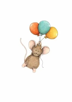 Anillustration Ansichtkaart Muisje hangt aan ballonnen