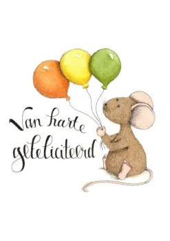 Anillustration Ansichtkaart Muis met drie ballonnen vast
