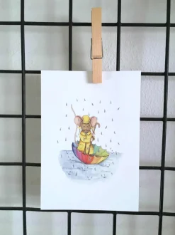 Anillustration Ansichtkaart Muisje varen in paraplu