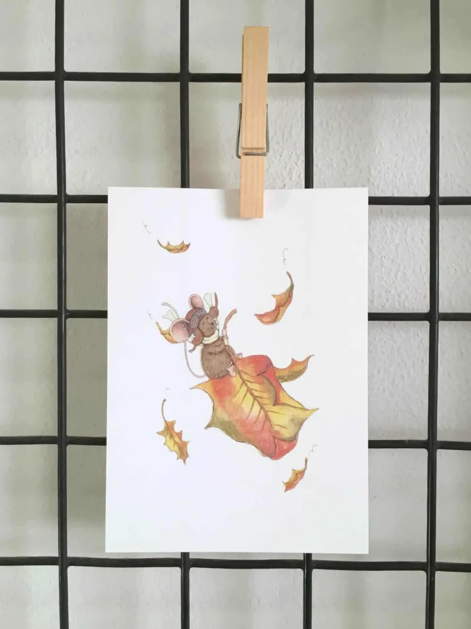 Anillustration Ansichtkaart Pilootmuis op herfstblad