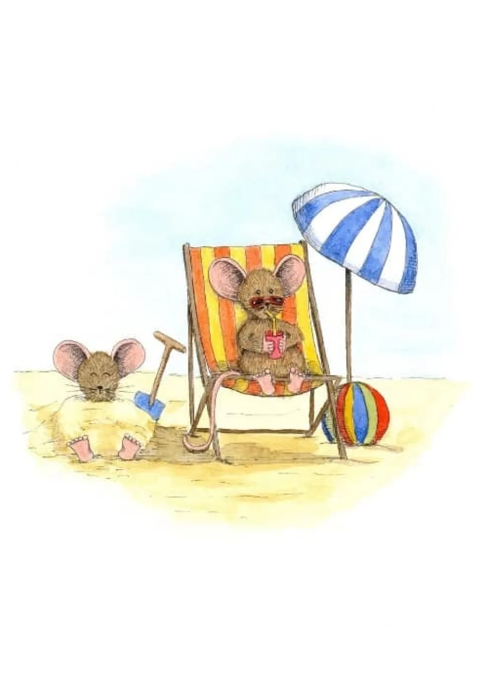 Anillustration Ansichtkaart Muisje aan het strand zonnebaden