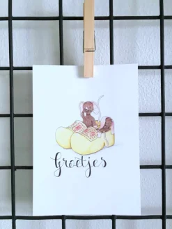 Anillustration Ansichtkaart Slapende muisjes in klompen