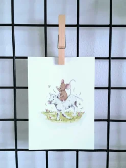 Anillustration Ansichtkaart Muisje zit op lammetje