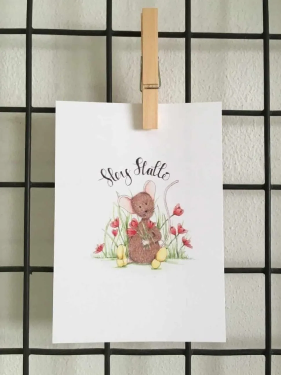 Anillustration Ansichtkaart Hey hallo muisje met tulpen