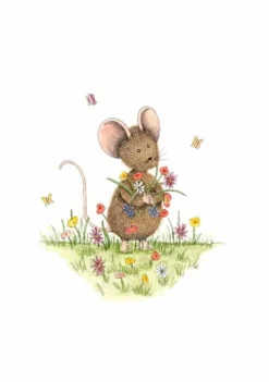 Anillustration Ansichtkaart Muisje in bloemenveld