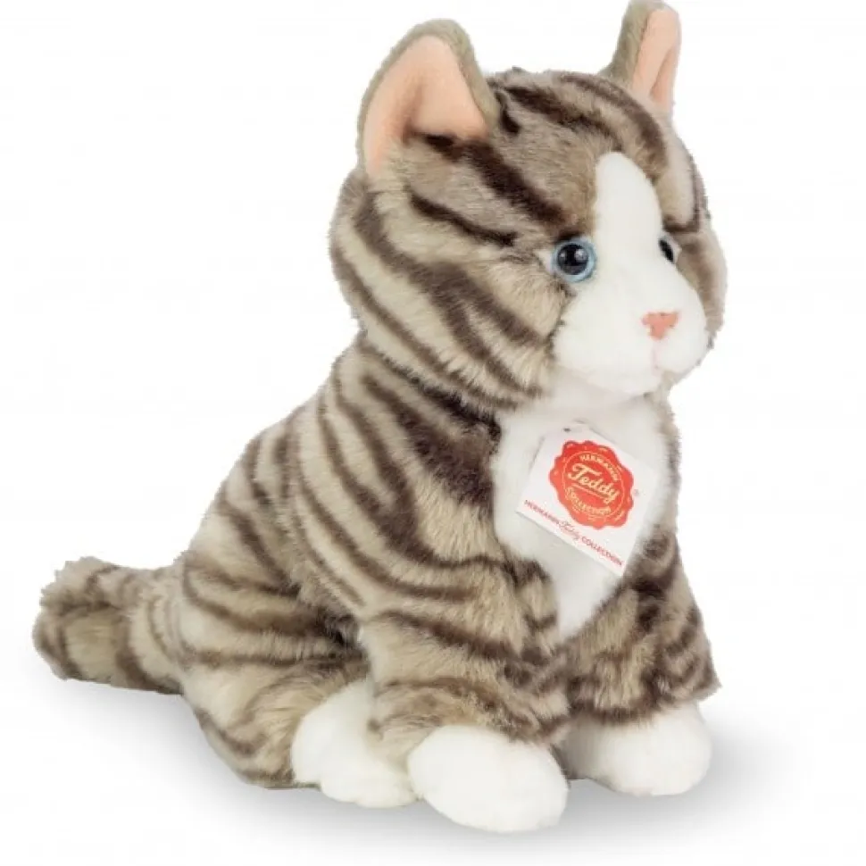 Hermann Teddy Knuffel Kat Grijs Getijgerd Zittend